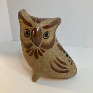 Vintage Tonala Mexican Pottery Owl Signed Netzi 6 x 4" Brown Folk Art Handpainte